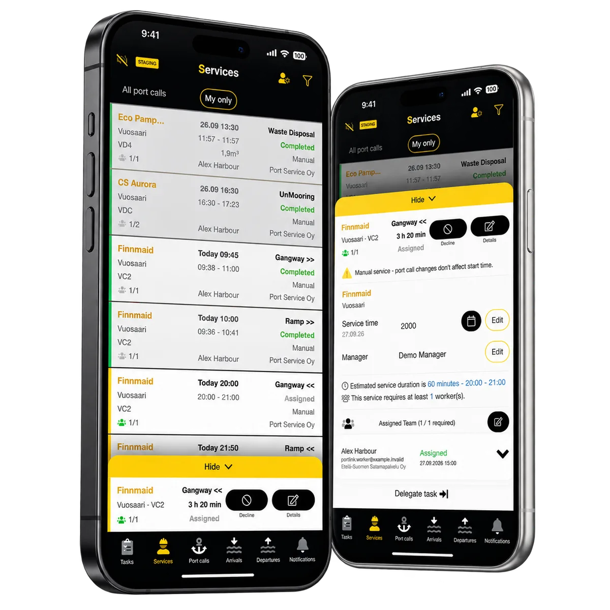 Två mobila PortLink-vyer med tjänster och arbetsledningens teamtilldelning.