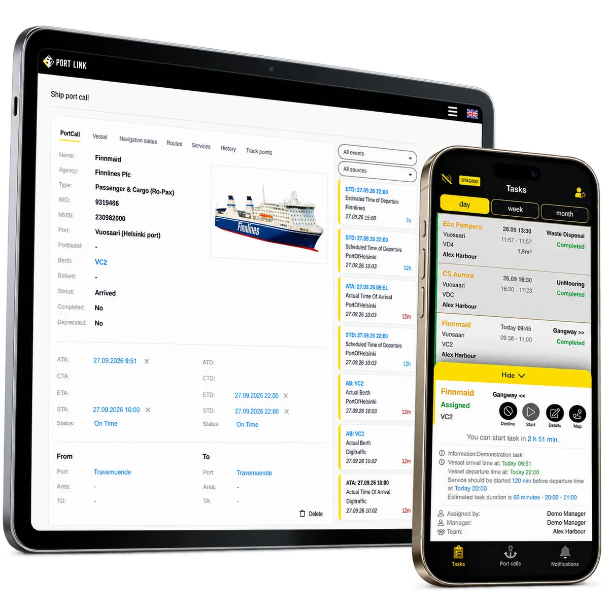 PortLinks fartygs- och händelseuppgifter på en surfplatta bredvid mobila uppgiftsdetaljer.
