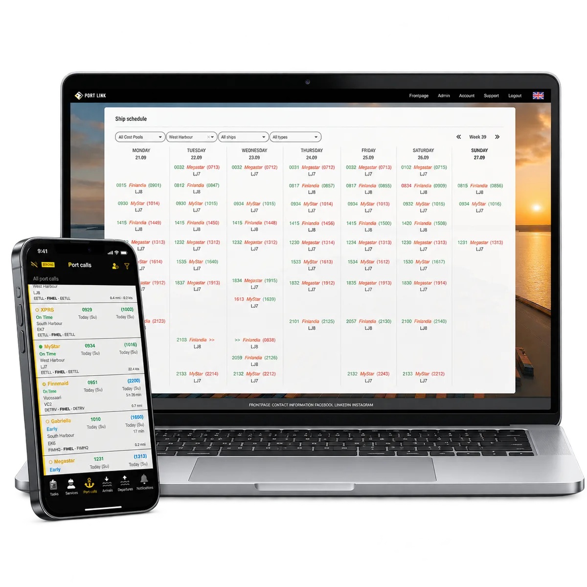 PortLinks veckoschema på en bärbar dator och en mobil lista över hamnanlöp.