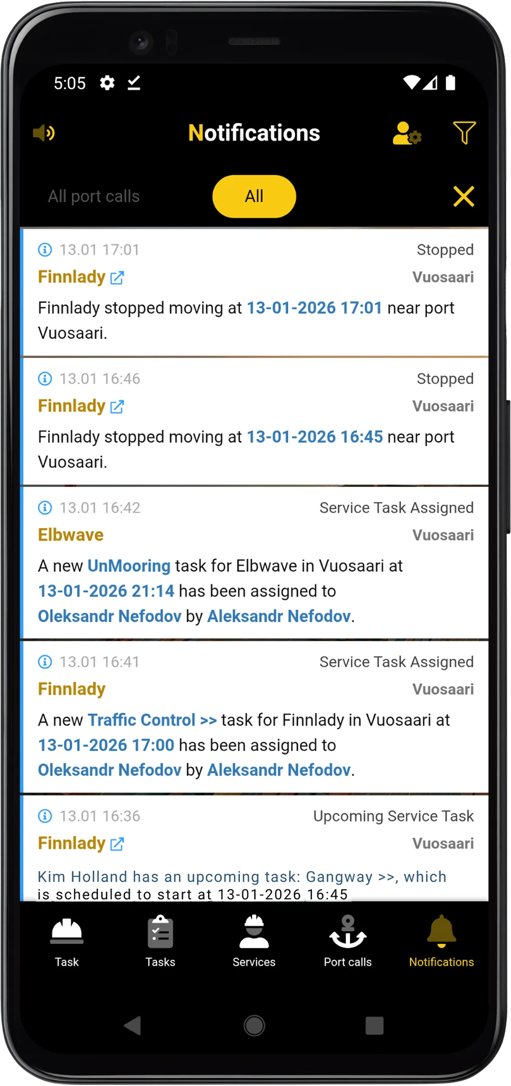 PortLink mobile notifications screen for vessel and task updates.
