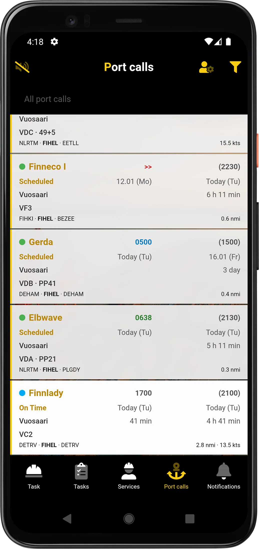 PortLink mobile port calls overview screen.