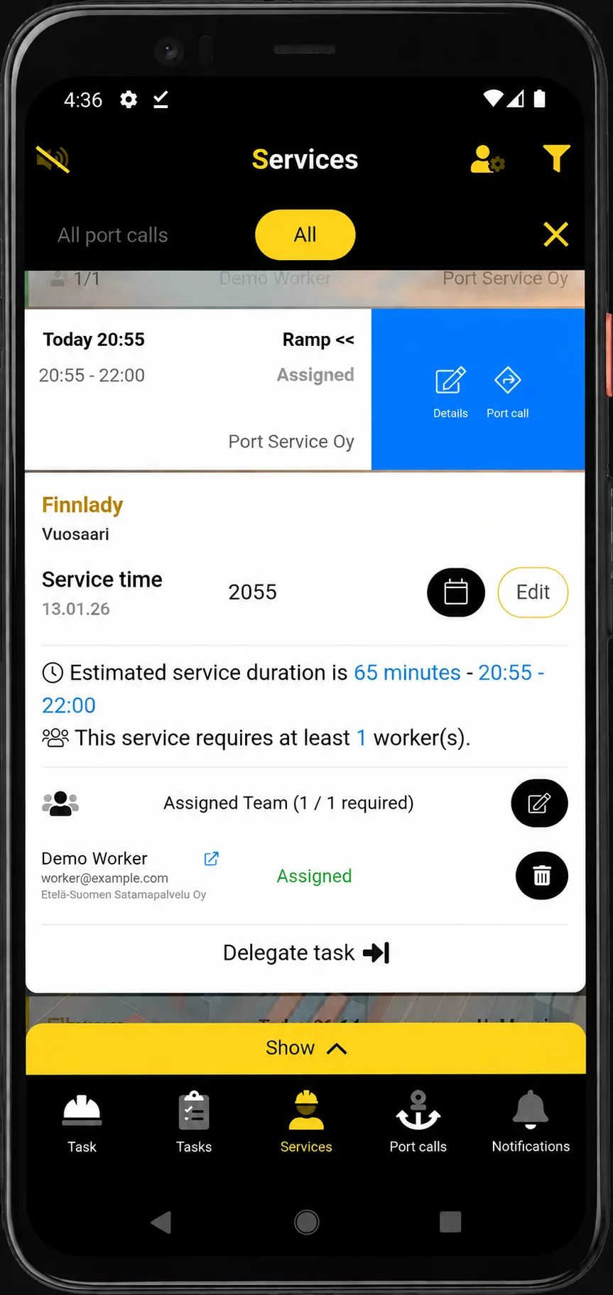 PortLink mobile service details screen for an assigned ramp task.