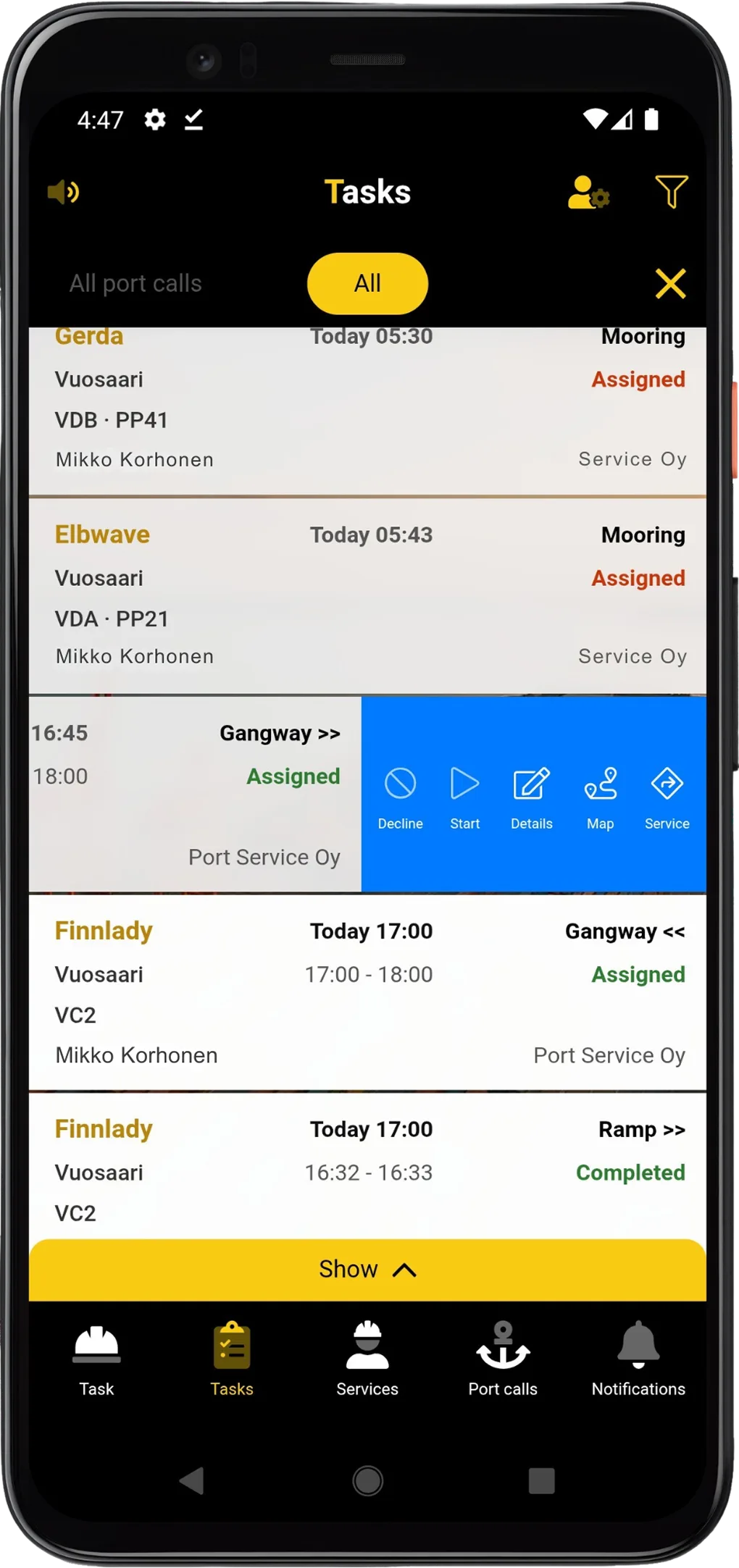 PortLink mobile task list with assigned gangway work.
