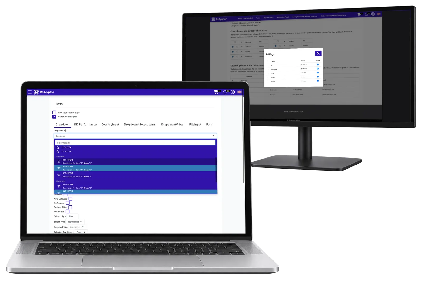 Grouped selection and column settings in the Component Library developer application.