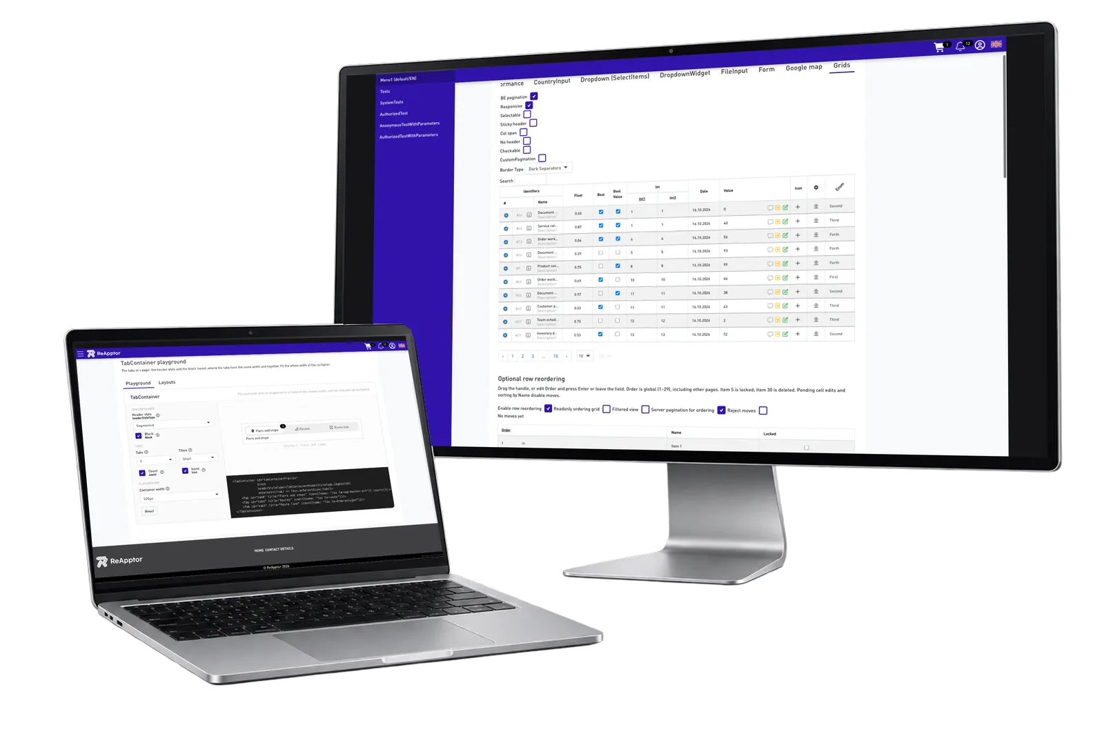 Expanded LeftNav beside a data grid and a tab-layout playground.
