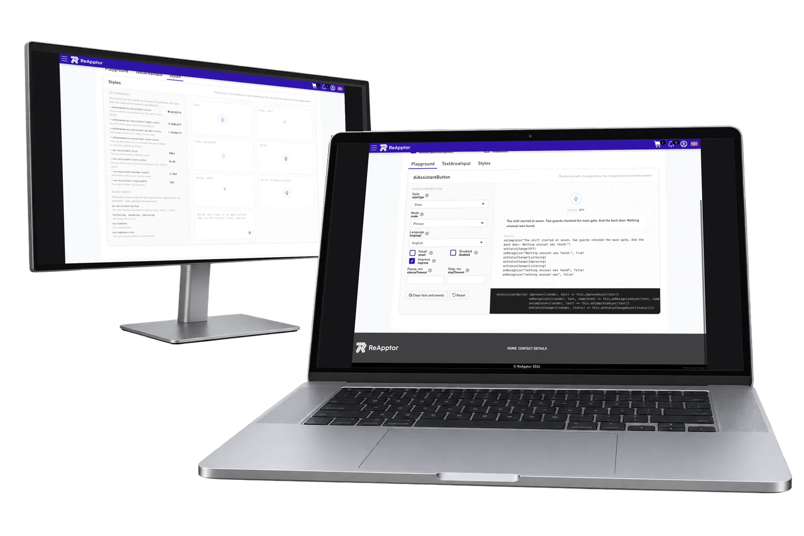 Voice-input playground with a recognised demo report, event log and style examples.