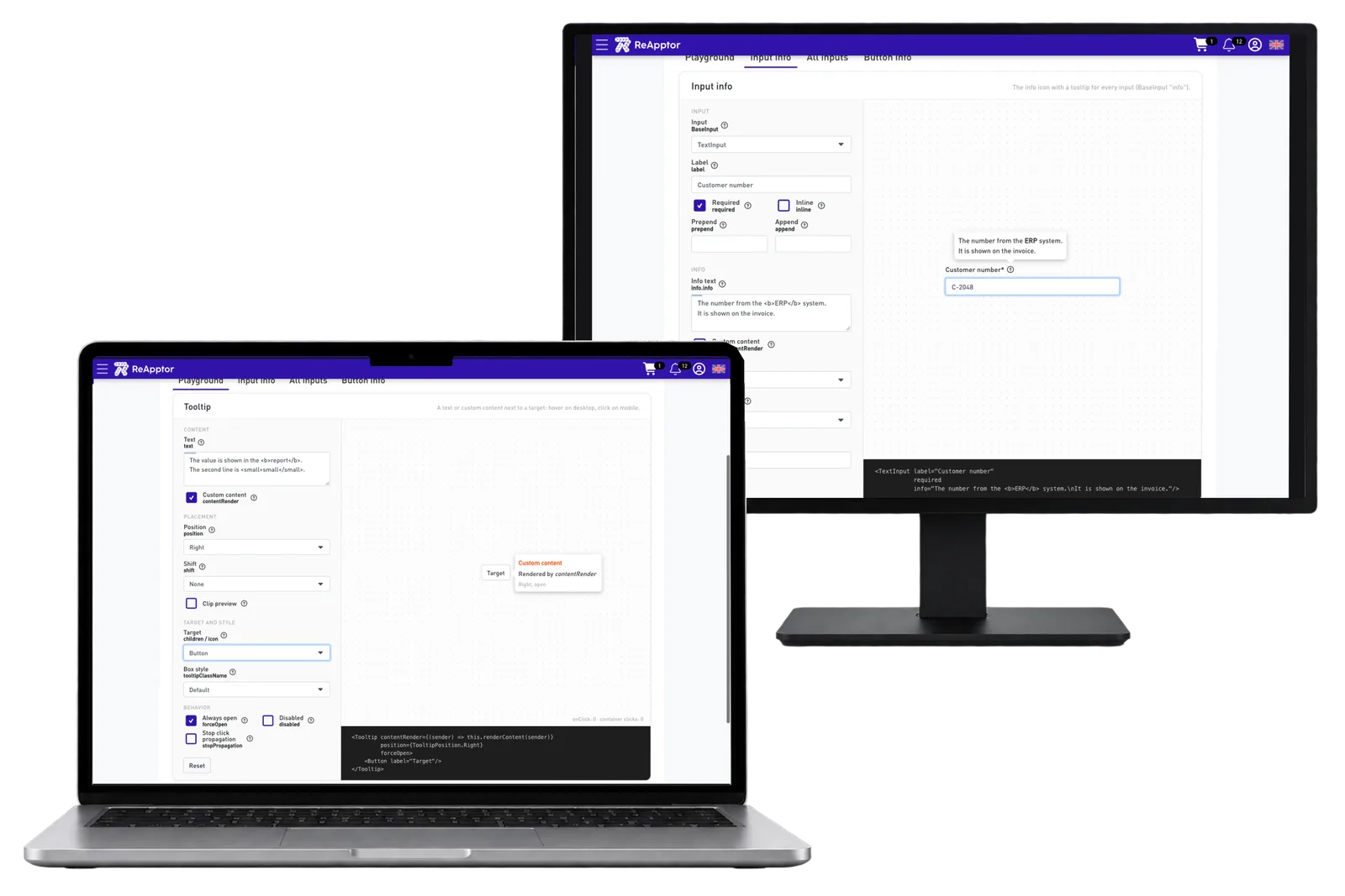 Custom tooltip configuration and a filled customer-number field with contextual help.