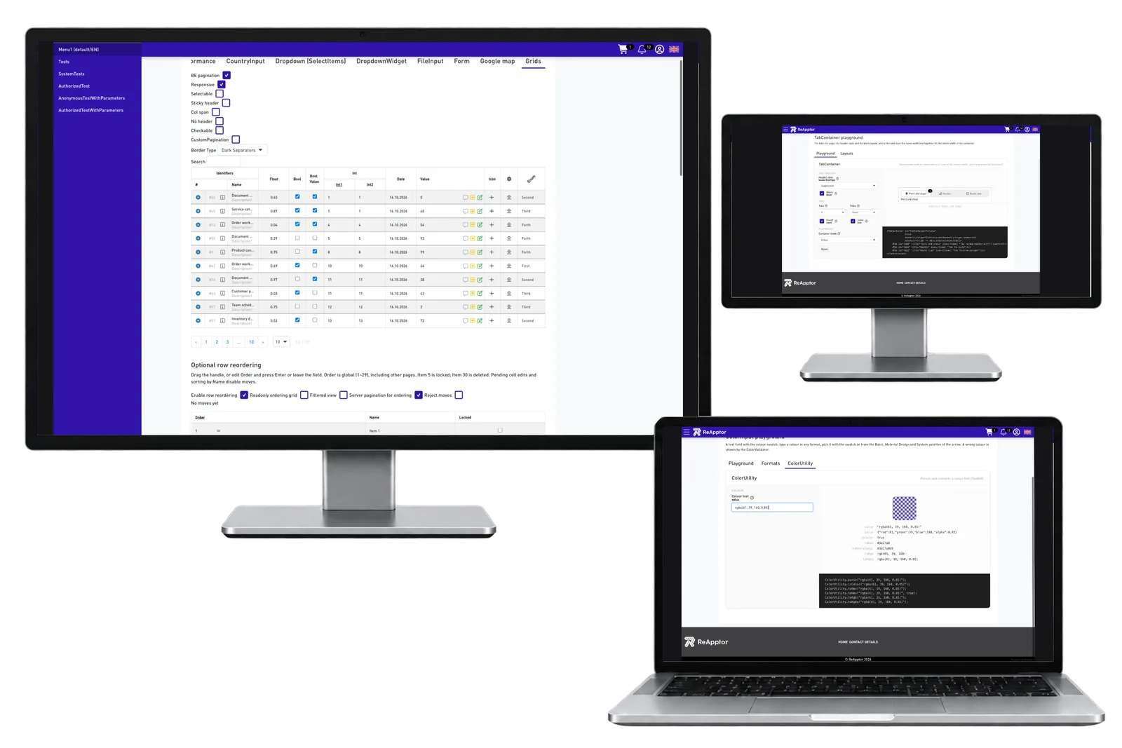Component Library Grid, LeftNav, tab and colour workbenches on desktop devices.