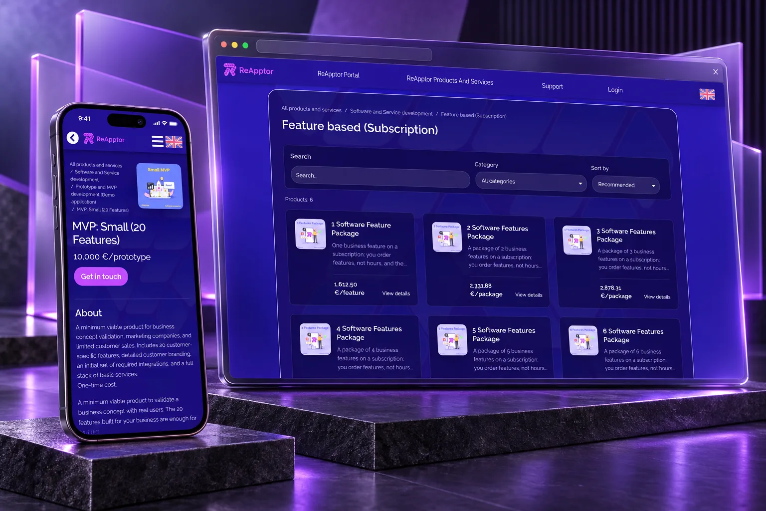 Feature subscription packages beside a mobile MVP offer.