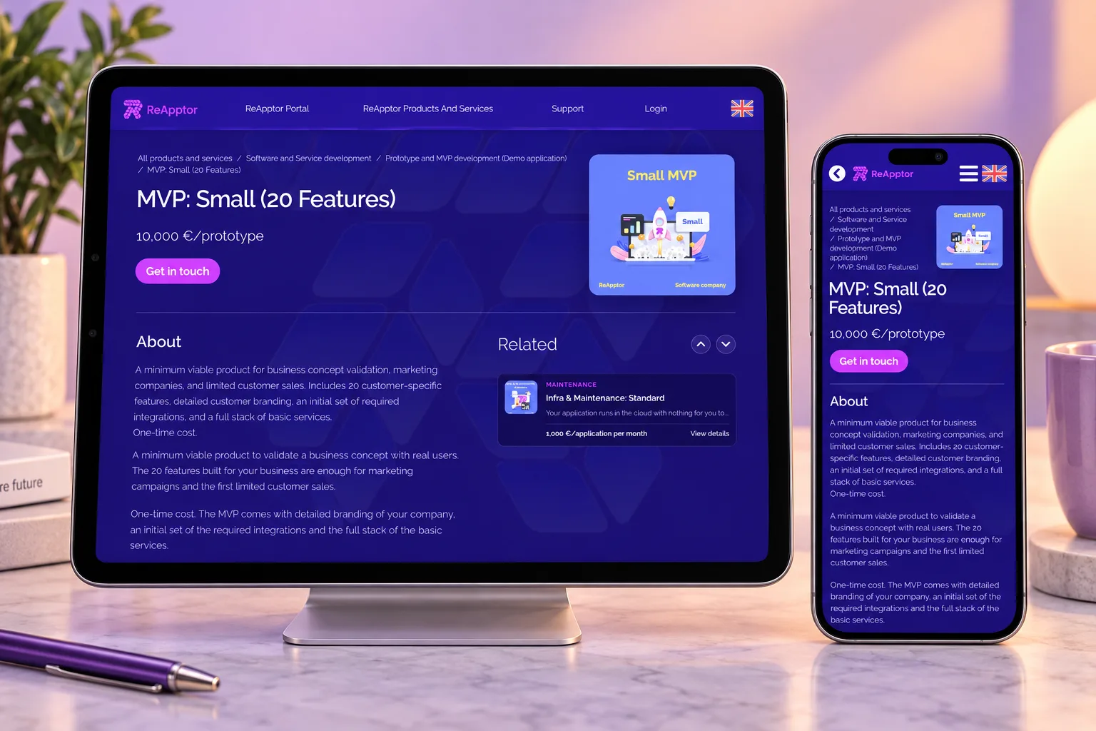 The same MVP service detail in desktop and genuine mobile layouts.