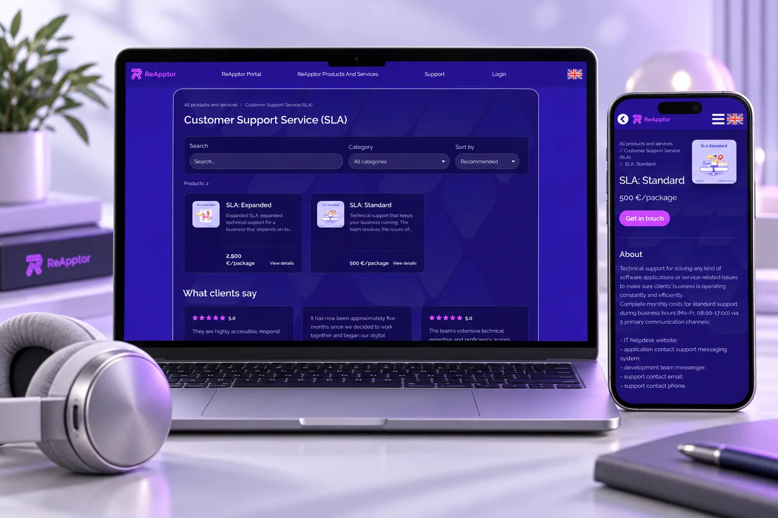 Support service options and the mobile standard SLA description.