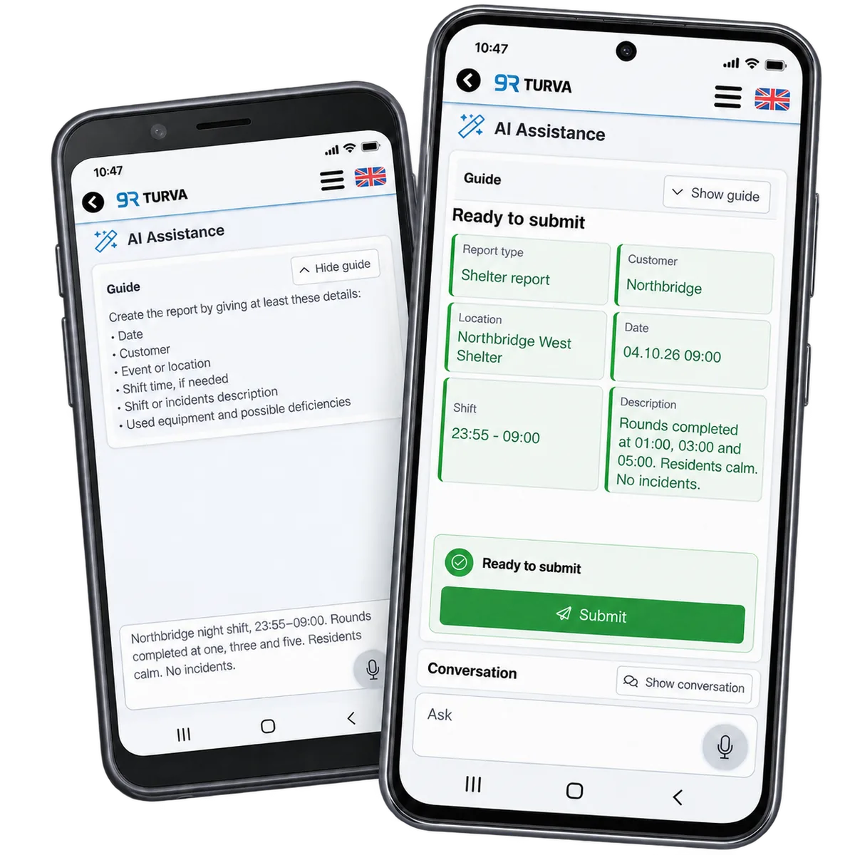 Illustrativ demo av RepSecs AI-assistent: skiftanteckningar och ett rapportutkast för granskning