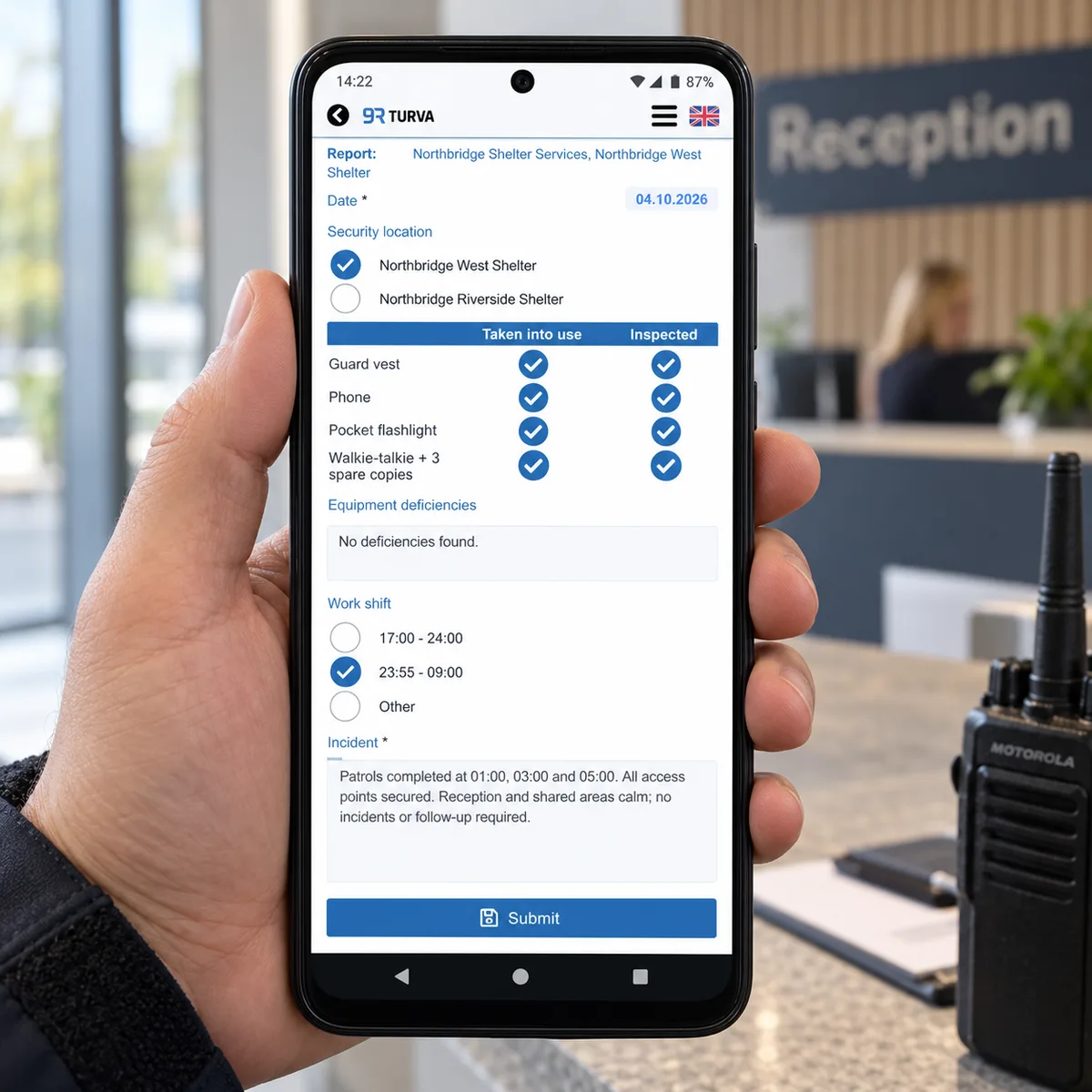 RepSec-skiftrapport på en handhållen telefon