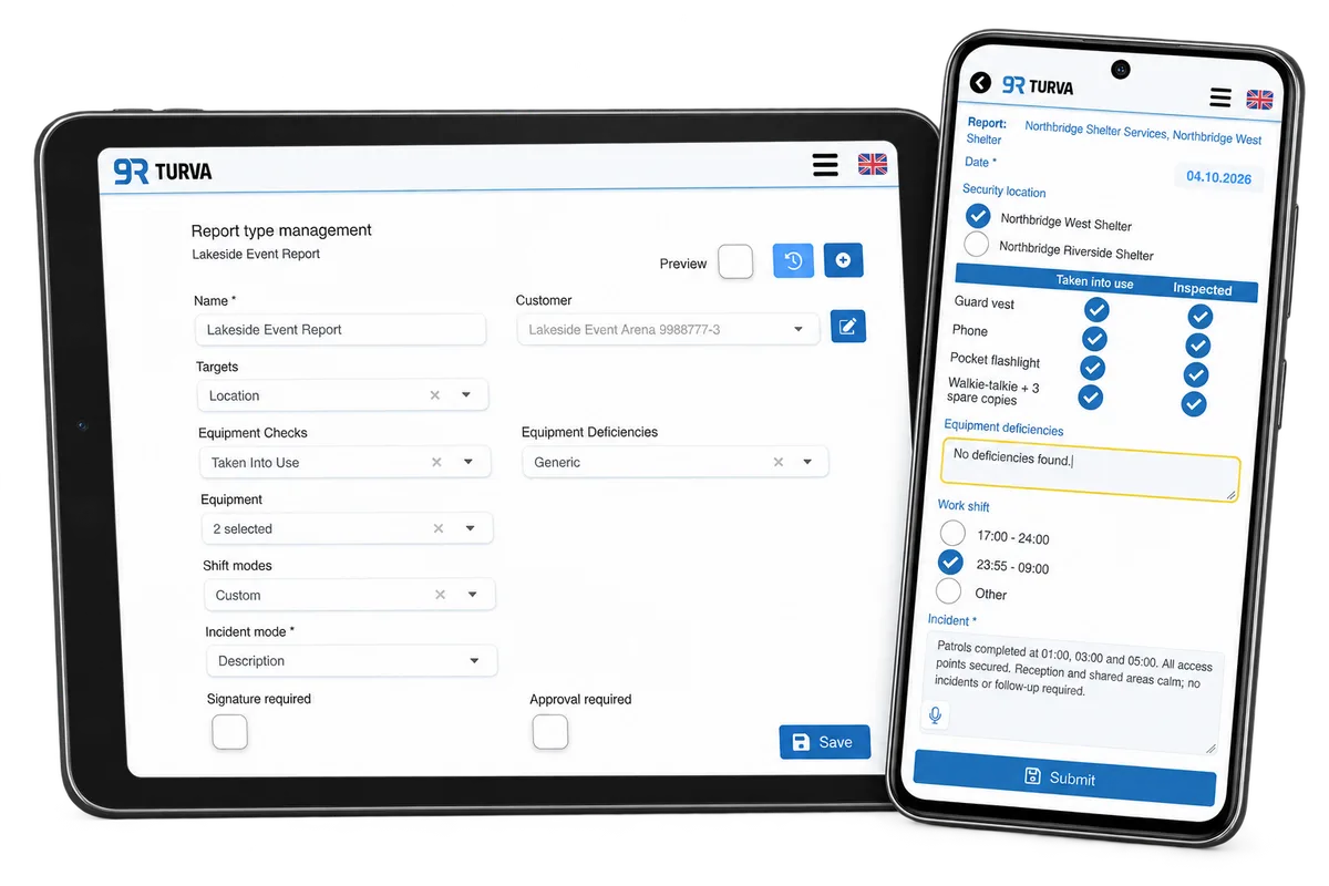 RepSec-rapportinställningar på en kompakt surfplatta och ett mobilformulär för en annan fiktiv kund