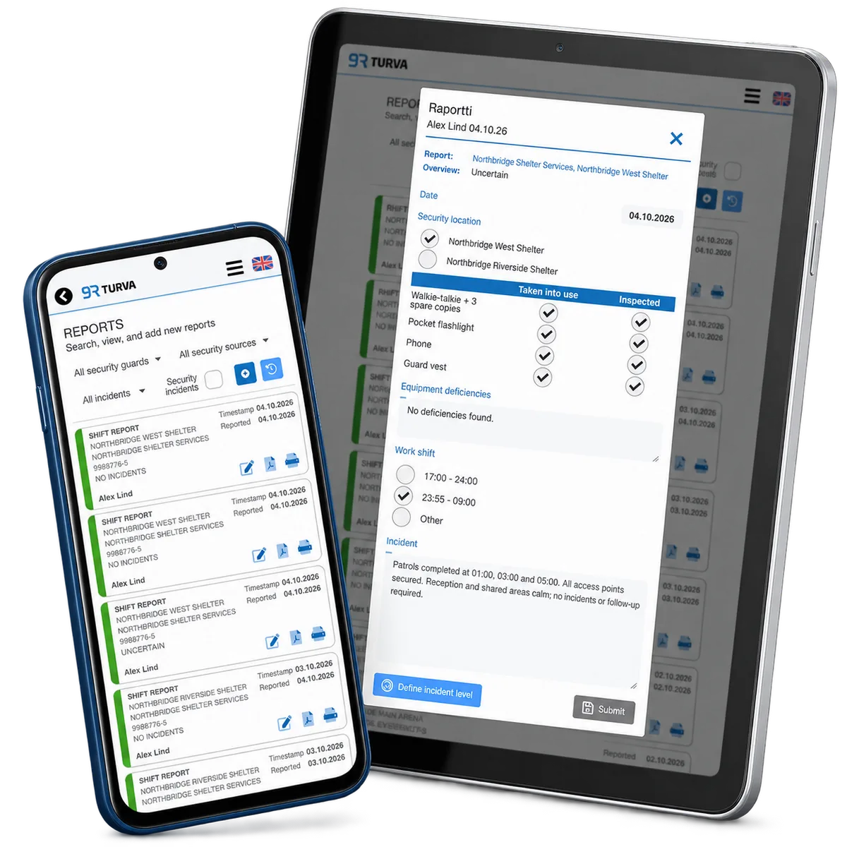 RepSec-rapportdetaljer på surfplatta med mobil rapportlista