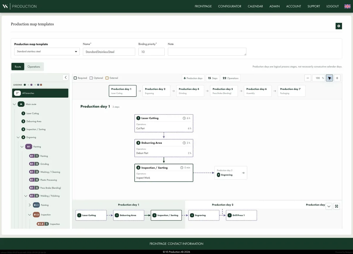VS Nexus production-route configuration screen