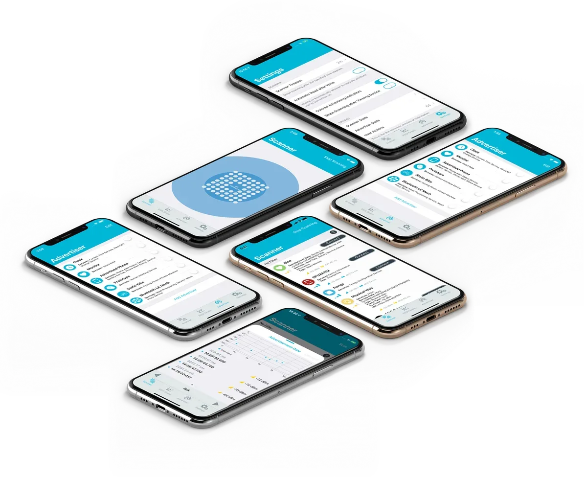 Mobile customer-facing workflow screens showing scanner, advertiser and settings views for safer digital operations.